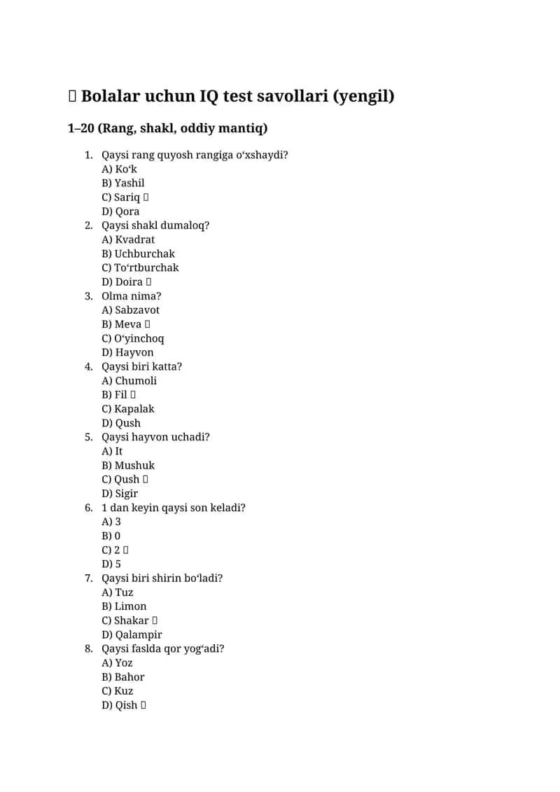 Bog‘cha va boshlang‘ich sinf bolalari uchun maxsus tayyorlangan 100 ta yengil IQ savol. 1