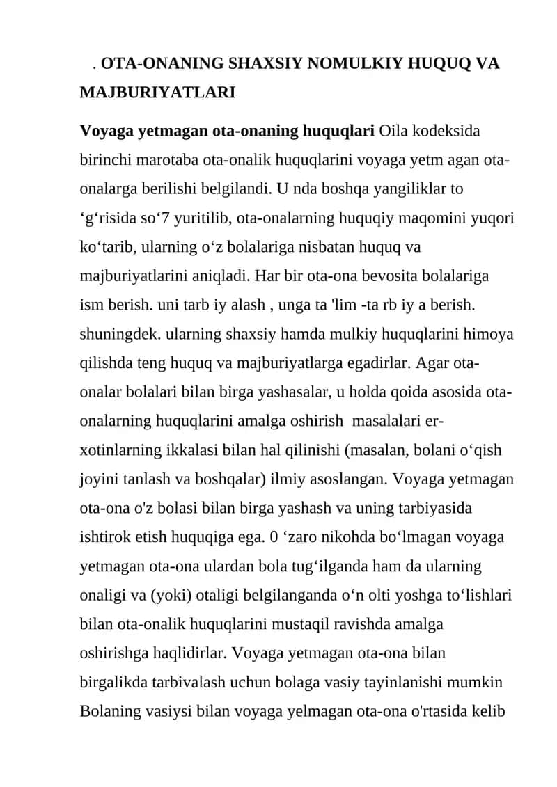 OTA-ONANING SHAXSIY NOMULKIY HUQUQ VA MAJBURIYATLARI 1