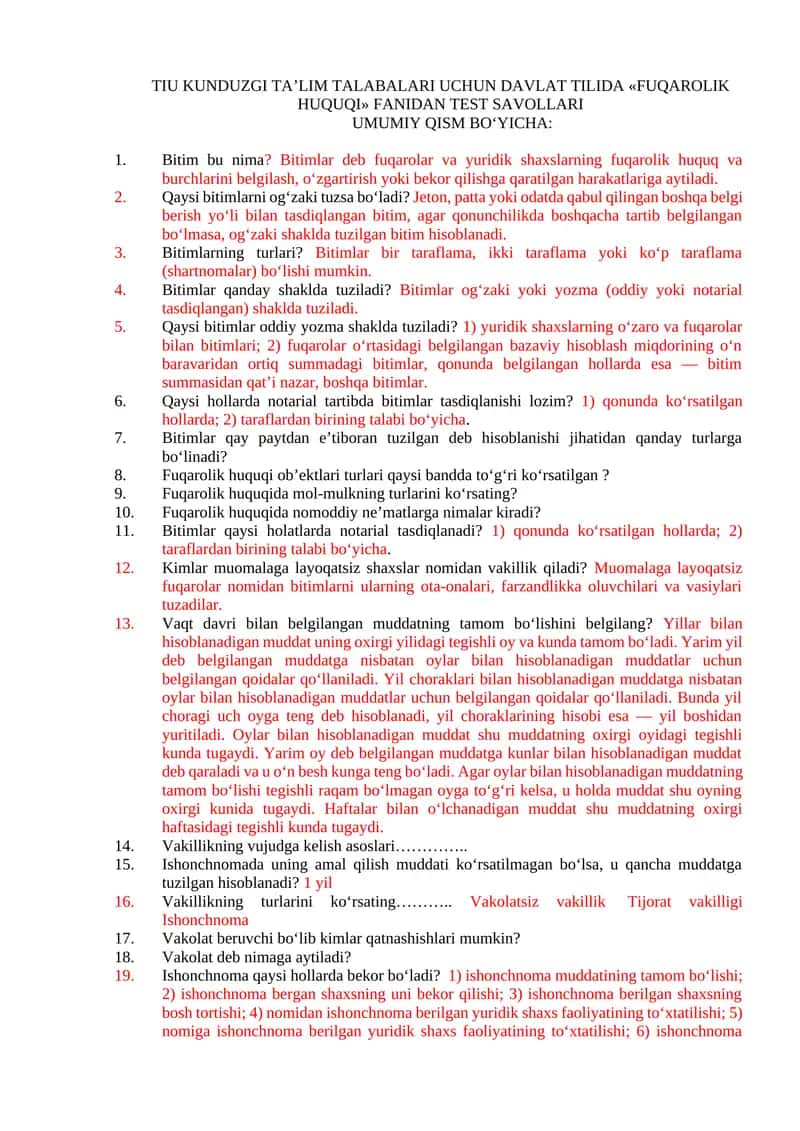 TIU KUNDUZGI TA’LIM TALABALARI UCHUN DAVLAT TILIDA «FUQAROLIK HUQUQI» FANIDAN TEST SAVOLLARI 1