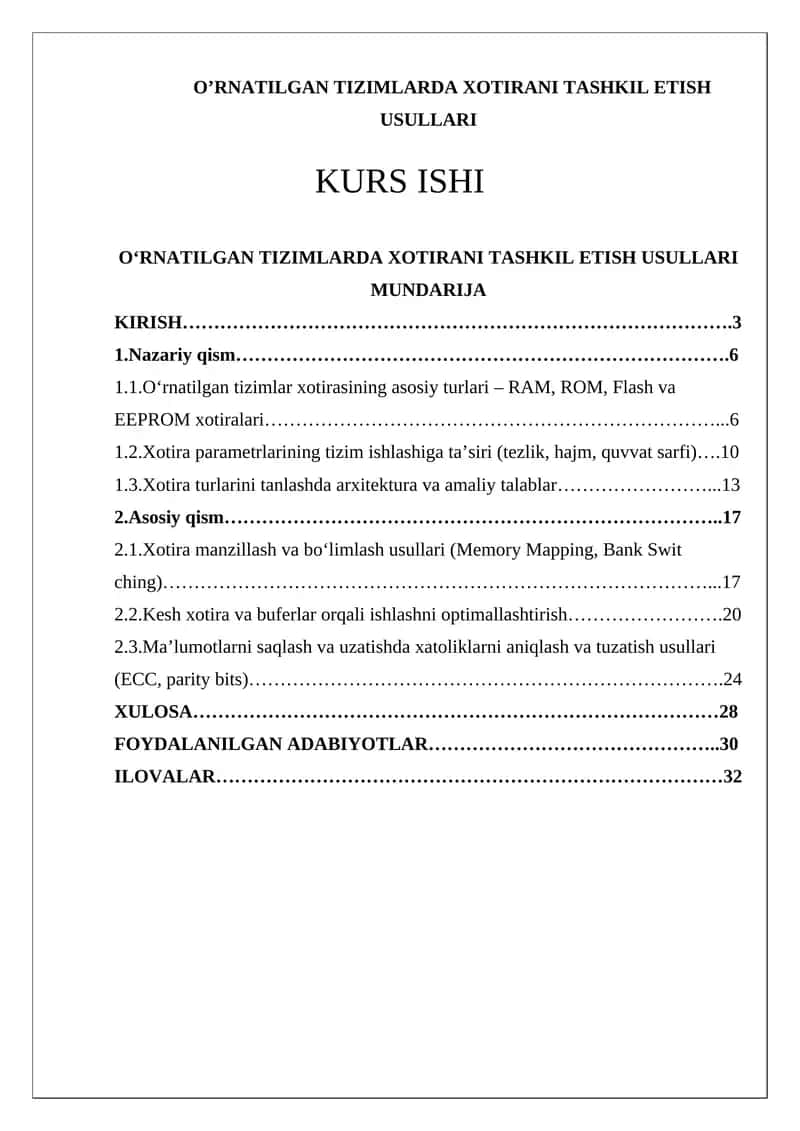O’RNATILGAN TIZIMLARDA XOTIRANI TASHKIL ETISH USULLARI 1
