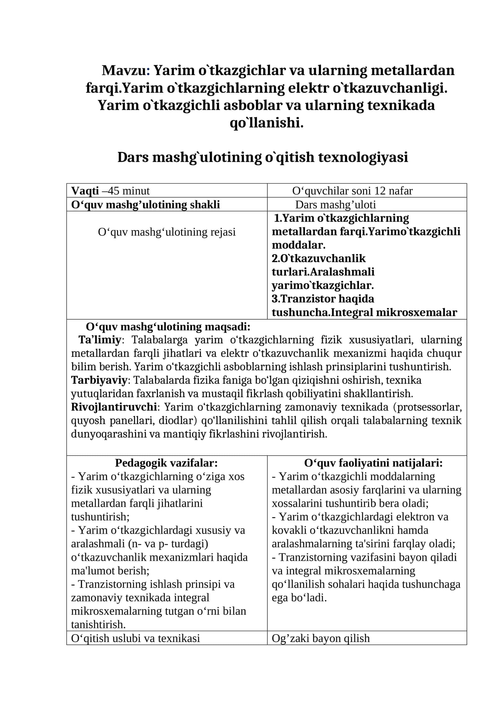 Yarim o`tkazgichlar va ularning metallardan farqi.Yarim o`tkazgichlarning elektr o`tkazuvchanligi. Yarim o`tkazgichli asboblar va ularning texnikada qo`llanishi  mavzusida tayyor dars ishlanmasi va dars loyihasi 1