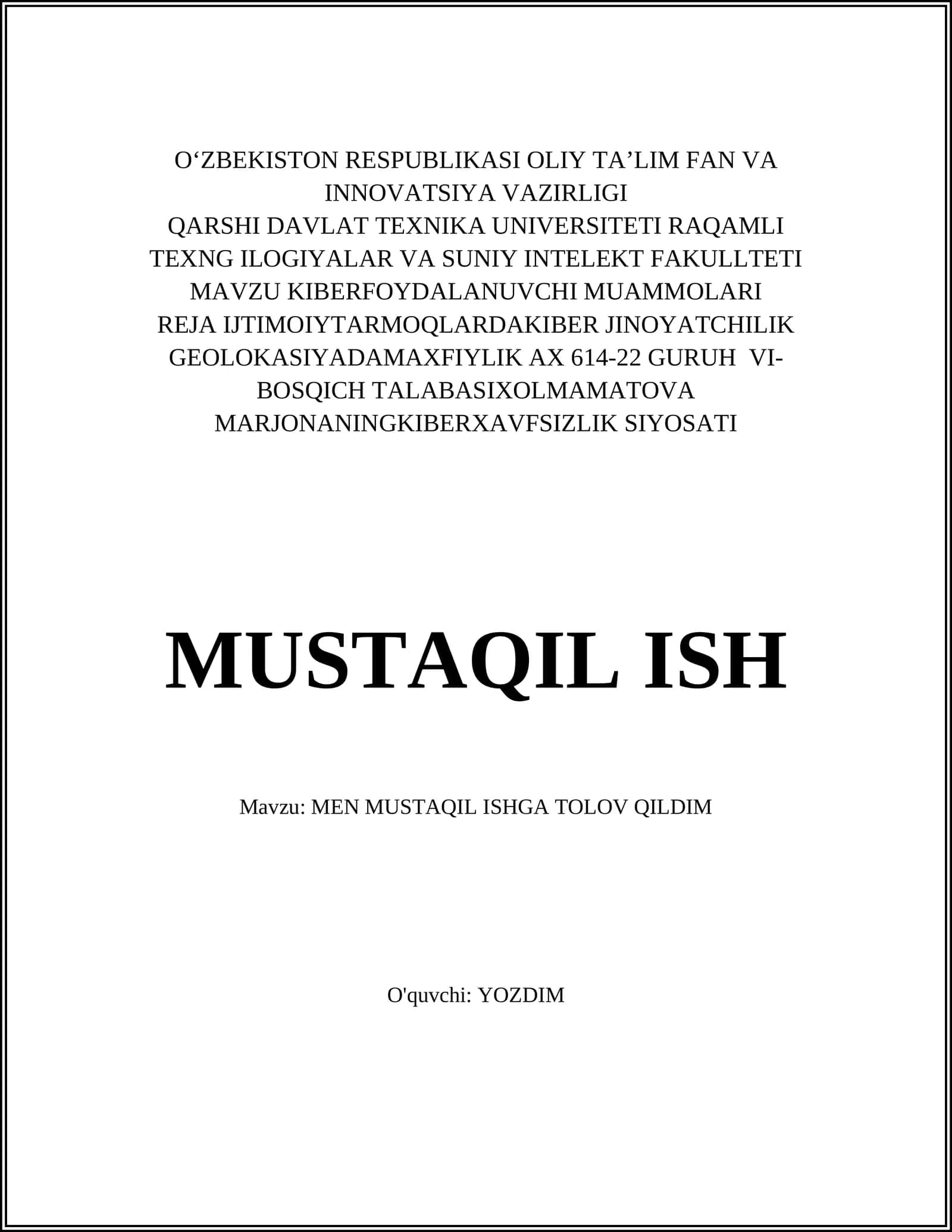 MEN MUSTAQIL ISHGA TOLOV QILDIM 1