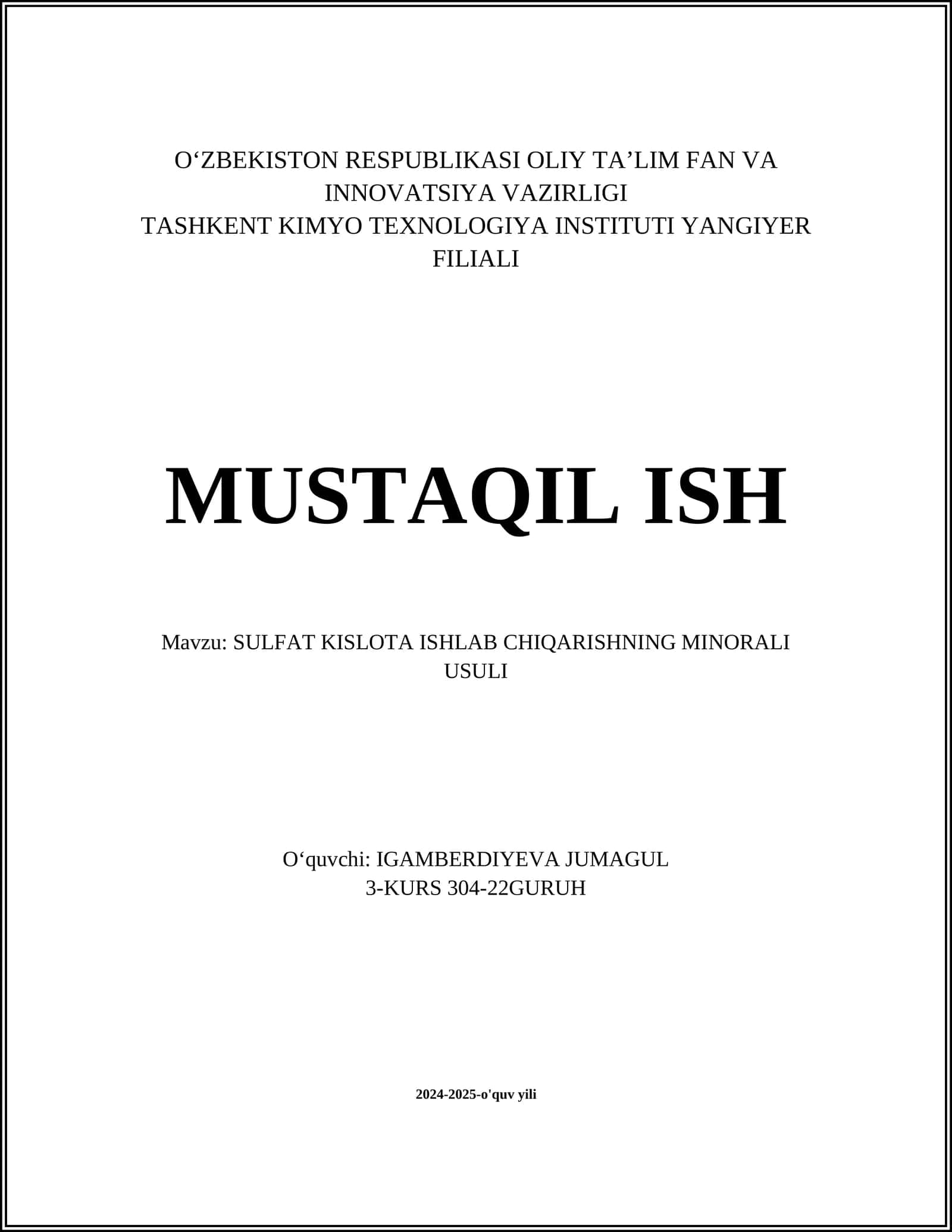 SULFAT KISLOTA ISHLAB CHIQARISHNING MINORALI USULI 1