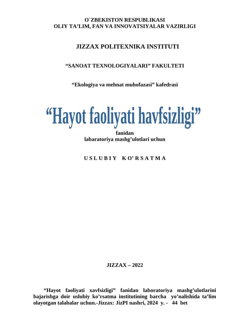 "Hayot faoliyati xavfsizligi" fanidan laboratoriya mashg’ulotlarini bajarishga doir uslubiy ko’rsatma 1