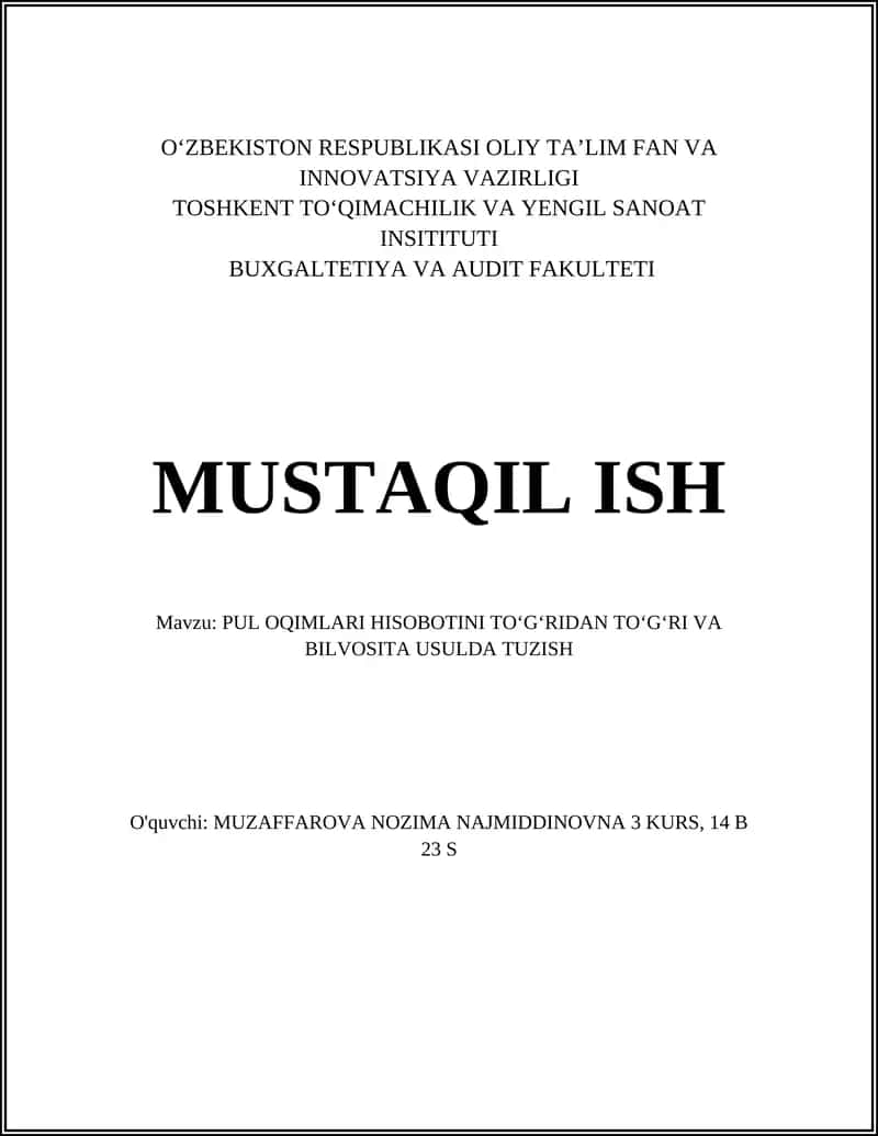 Pul Oqimlari Hisobotini To‘g‘ridan To‘g‘ri va Bilvosita Usulda Tuzish 1