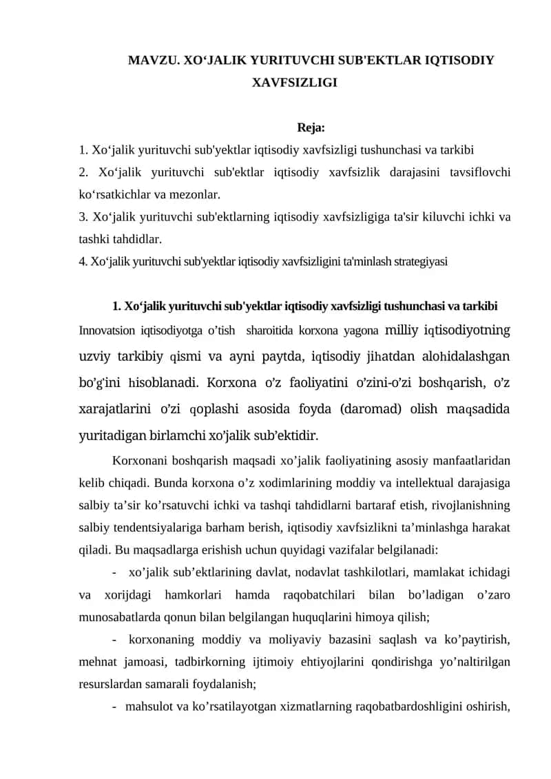 XO‘JALIK YURITUVCHI SUB'EKTLAR IQTISODIY XAVFSIZLIGI 1