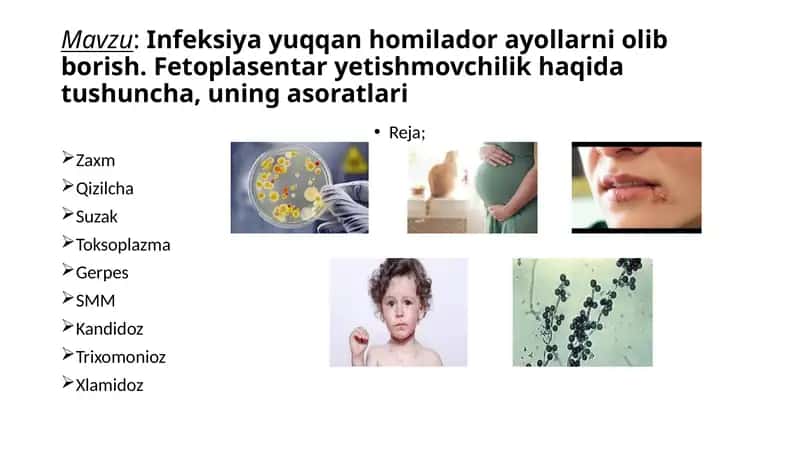 Infeksiya yuqqan homilador ayollarni olib  borish. Fetoplasentar yetishmovchilik haqida tushuncha, uning asoratlari 1
