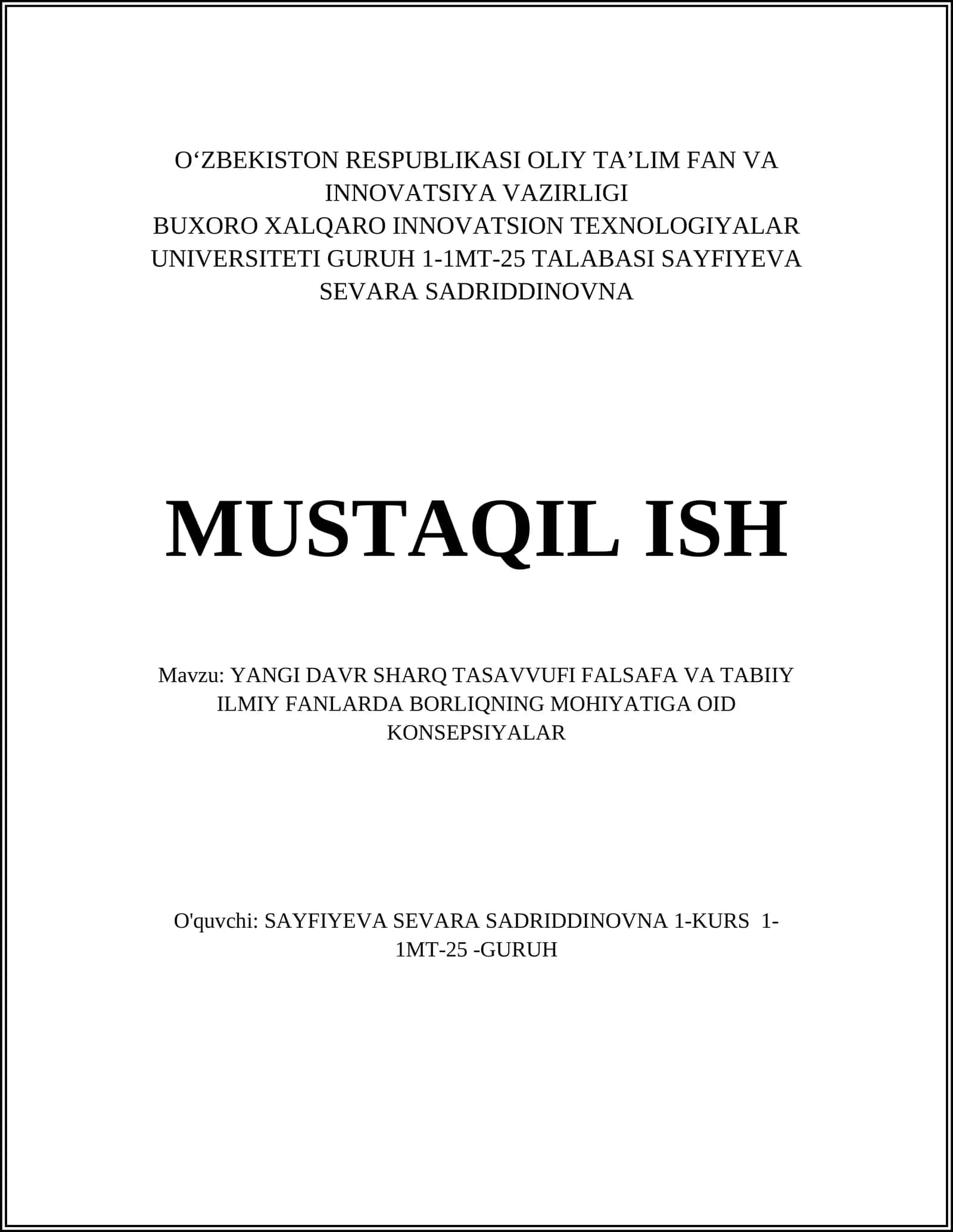 YANGI DAVR SHARQ TASAVVUFI FALSAFA VA TABIIY ILMIY FANLARDA BORLIQNING MOHIYATIGA OID KONSEPSIYALAR 1