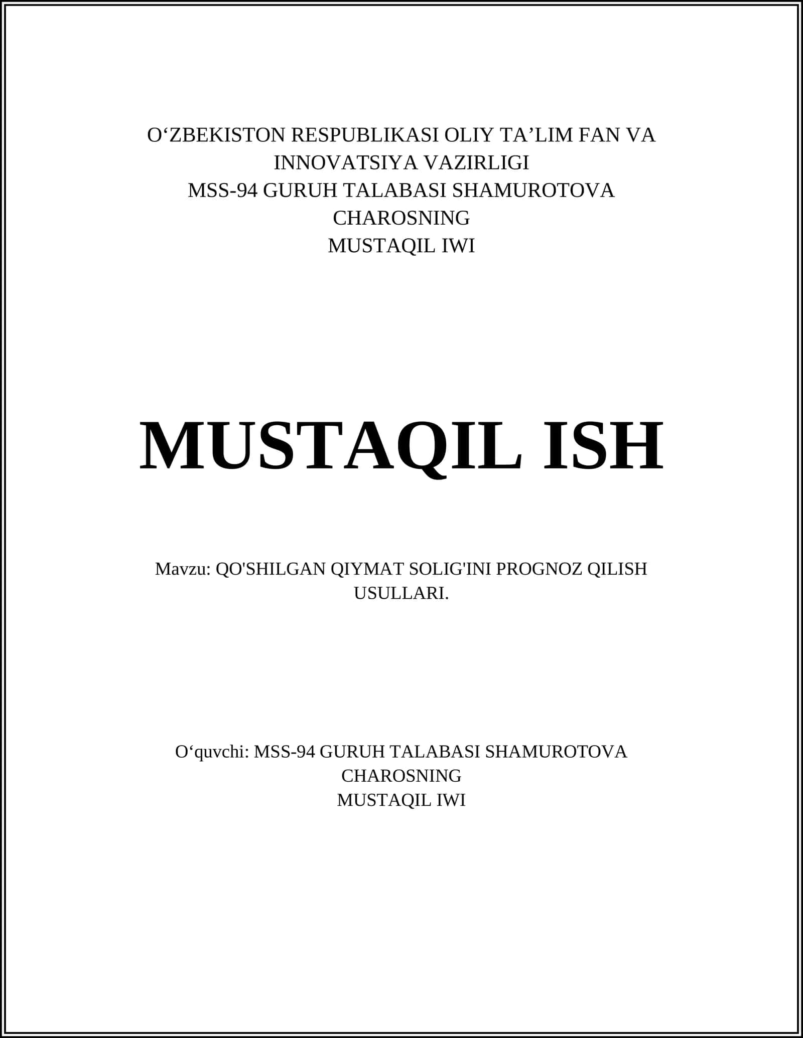 Qo'shilgan Qiyamat Solig'ini Prognoz Qilish Usullari 1