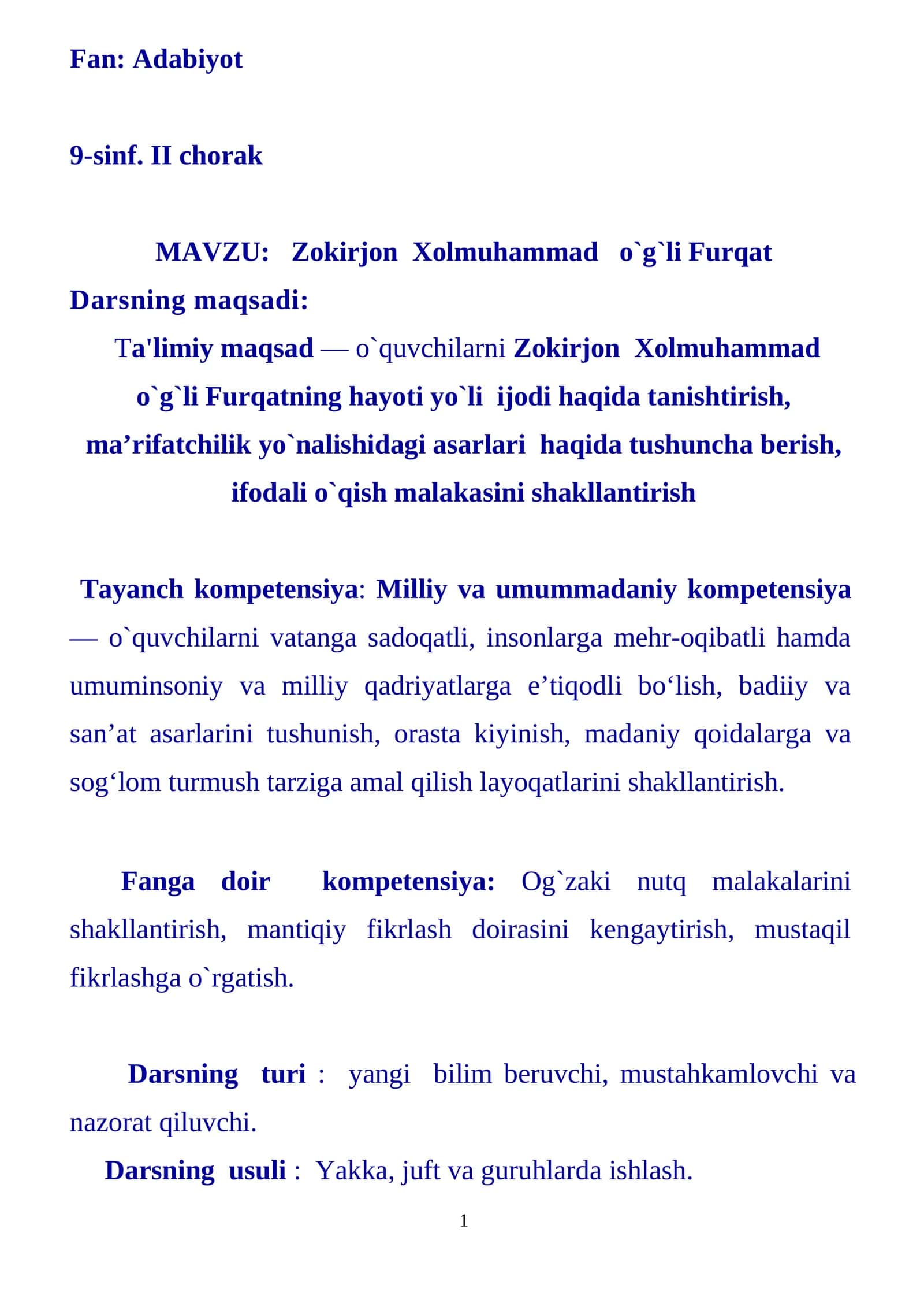 9-sinf Adabiyot Zokirjon Xolmuhammad o'g'li Furqat dars ishlanma 1