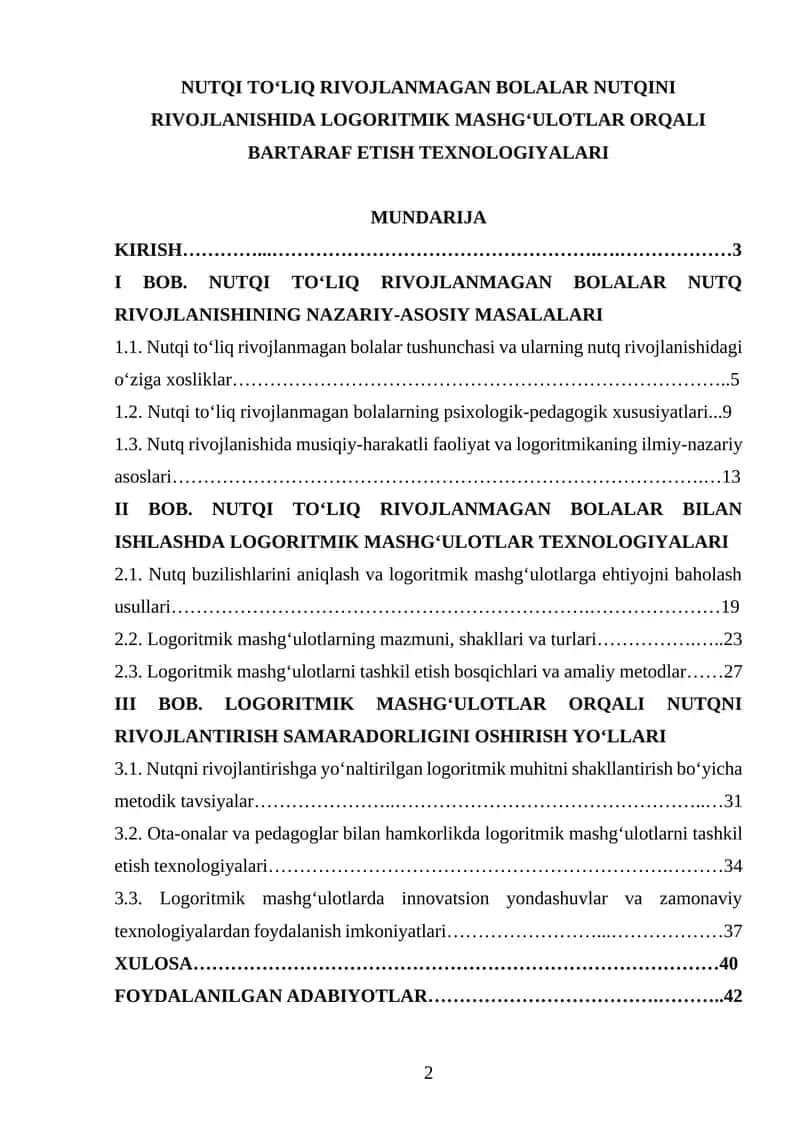 NUTQI TOʻLIQ RIVOJLANMAGAN BOLALAR NUTQINI RIVOJLANISHIDA LOGORITMIK MASHGʻULOTLAR ORQALI BARTARAF ETISH TEXNOLOGIYALARI 1