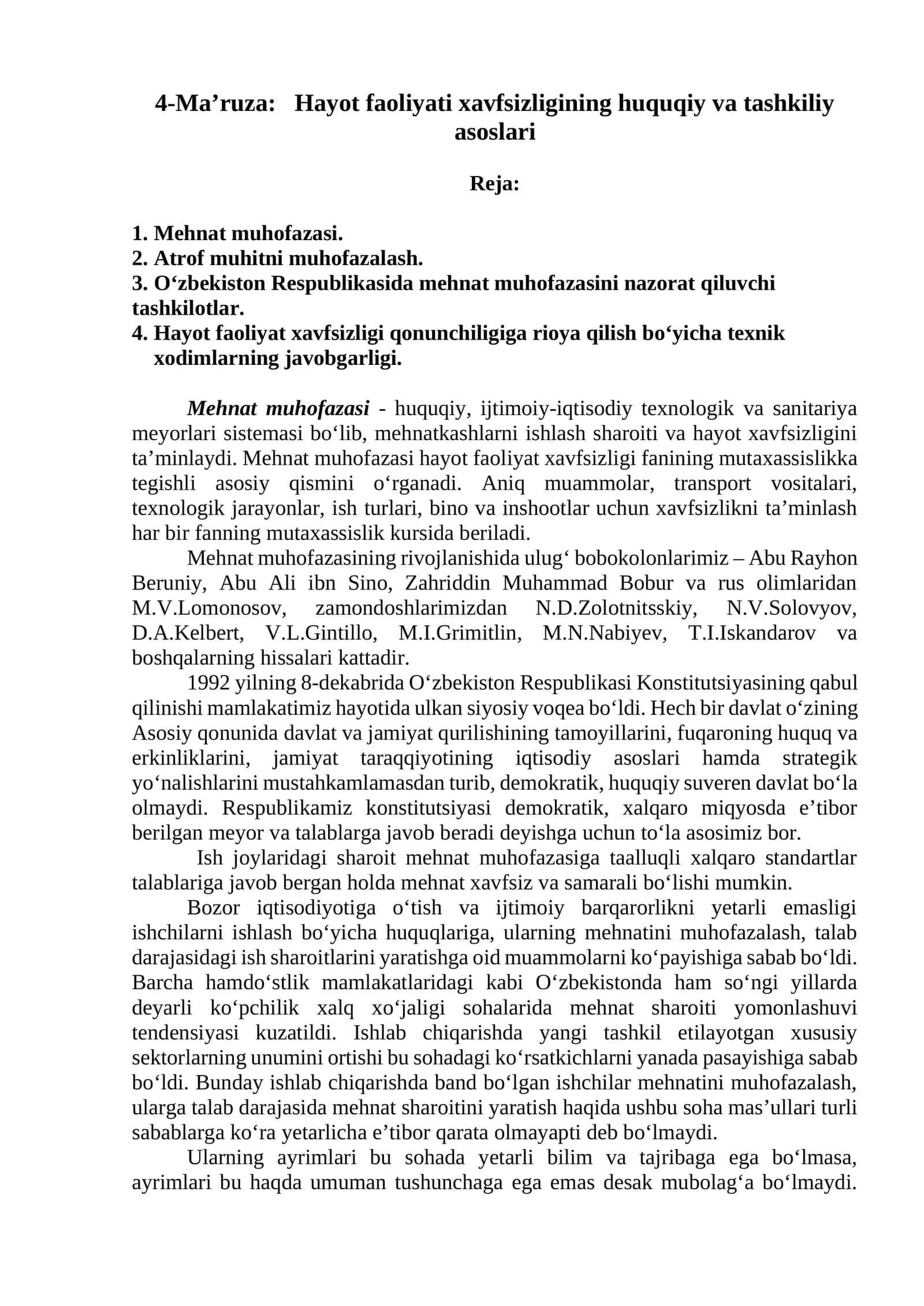 4-Ma’ruza: Hayot faoliyati xavfsizligining huquqiy va tashkiliy asoslari 1