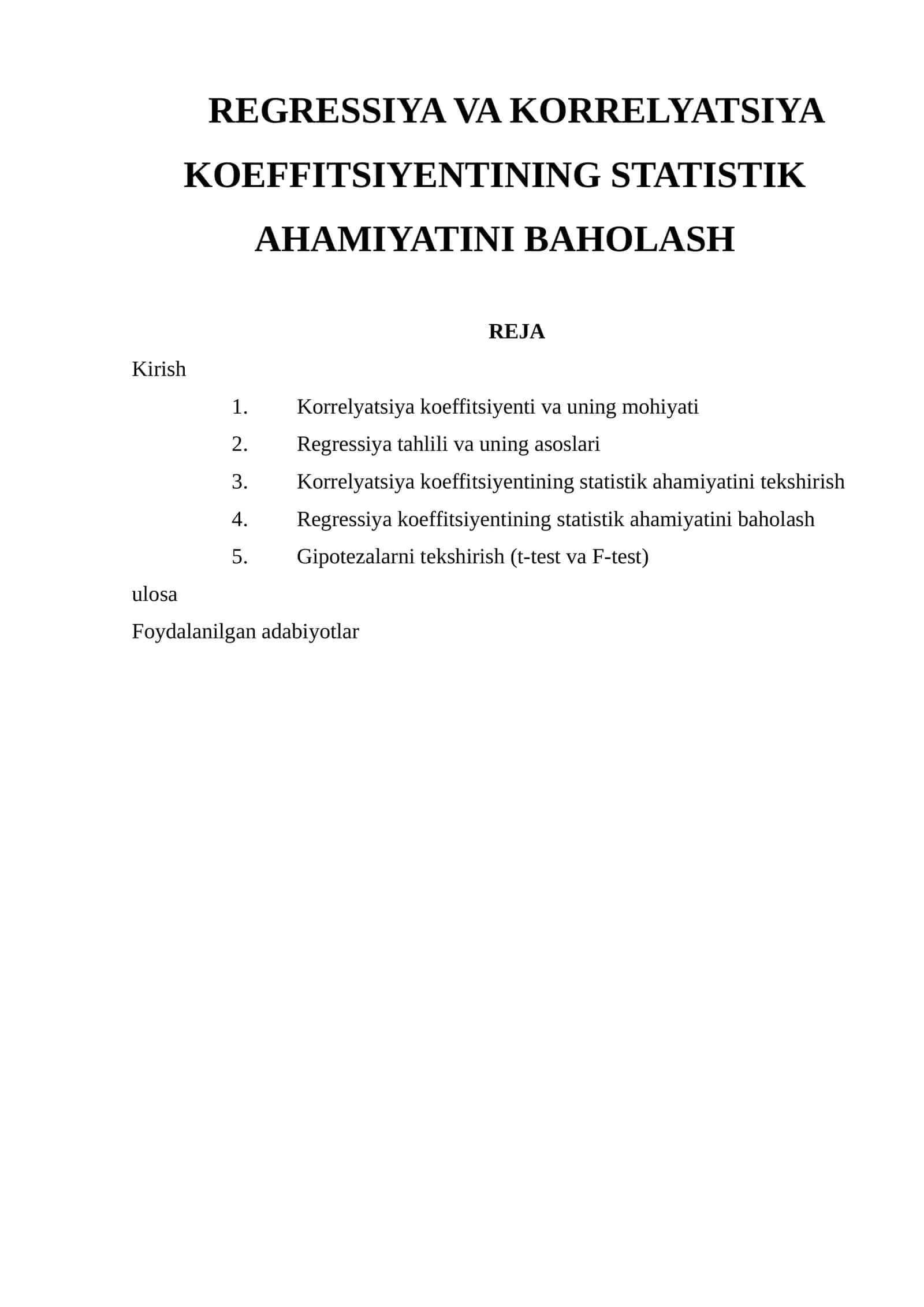 REGRESSIYA VA KORRELYATSIYA KOEFFITSIYENTINING STATISTIK AHAMIYATINI BAHOLASH 1