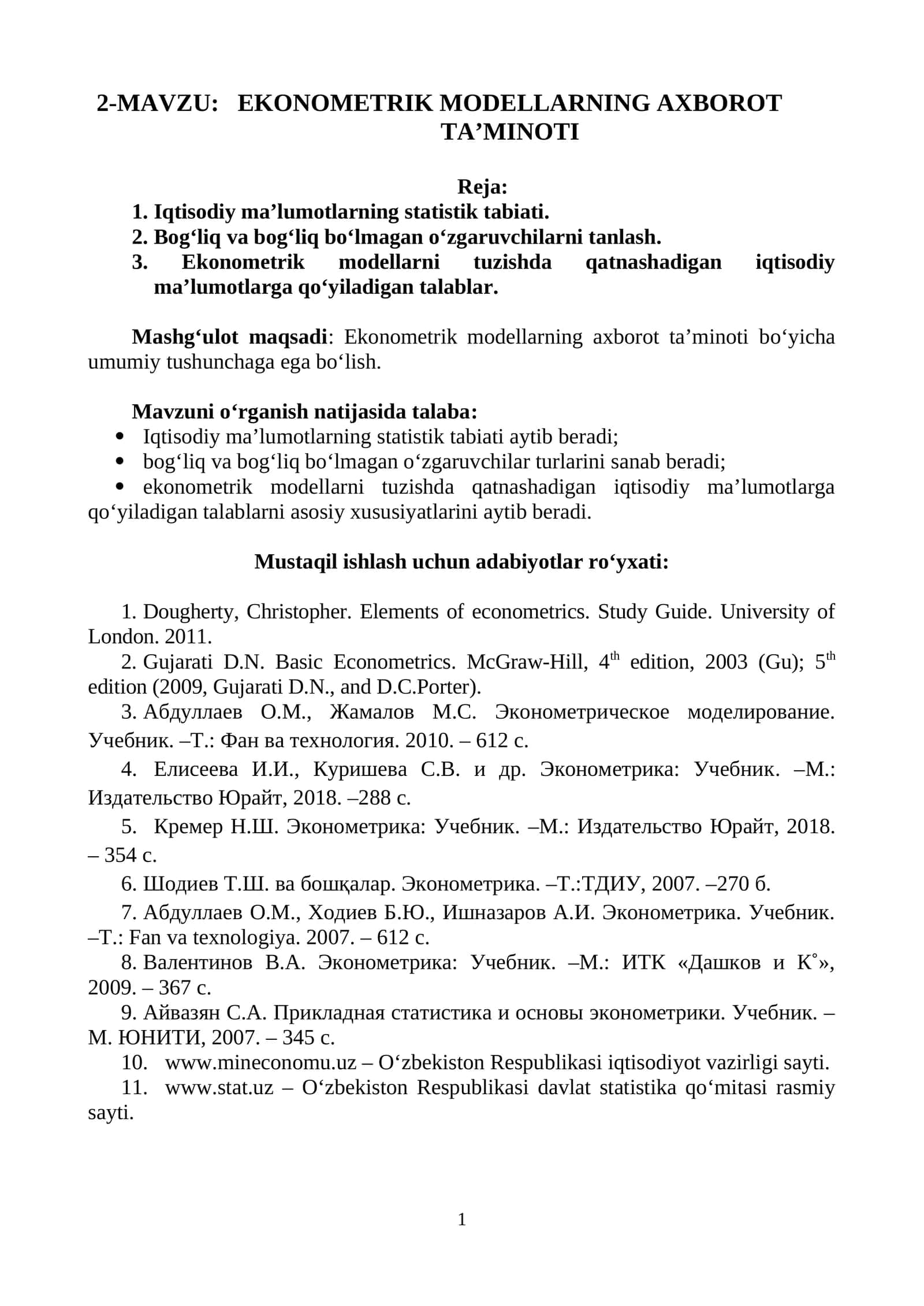 EKONOMETRIK MODELLARNING AXBOROT TA’MINOTI 1