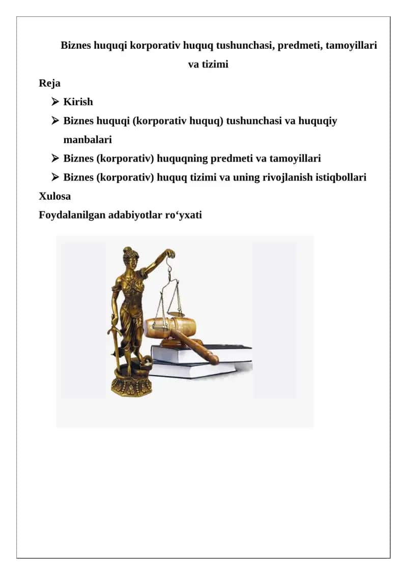 Biznes huquqi korporativ huquq tushunchasi, predmeti, tamoyillari va tizimi 1