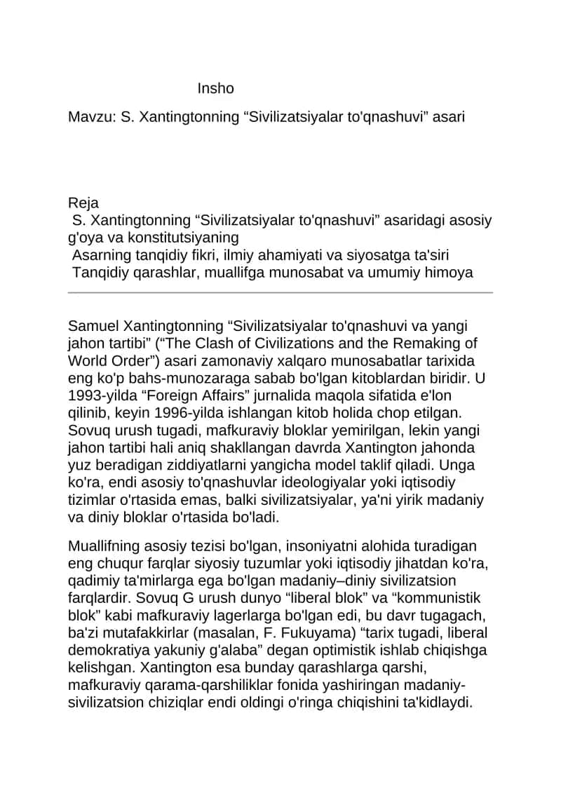 S. Xantingtonning “Sivilizatsiyalar to'qnashuvi” asari 1