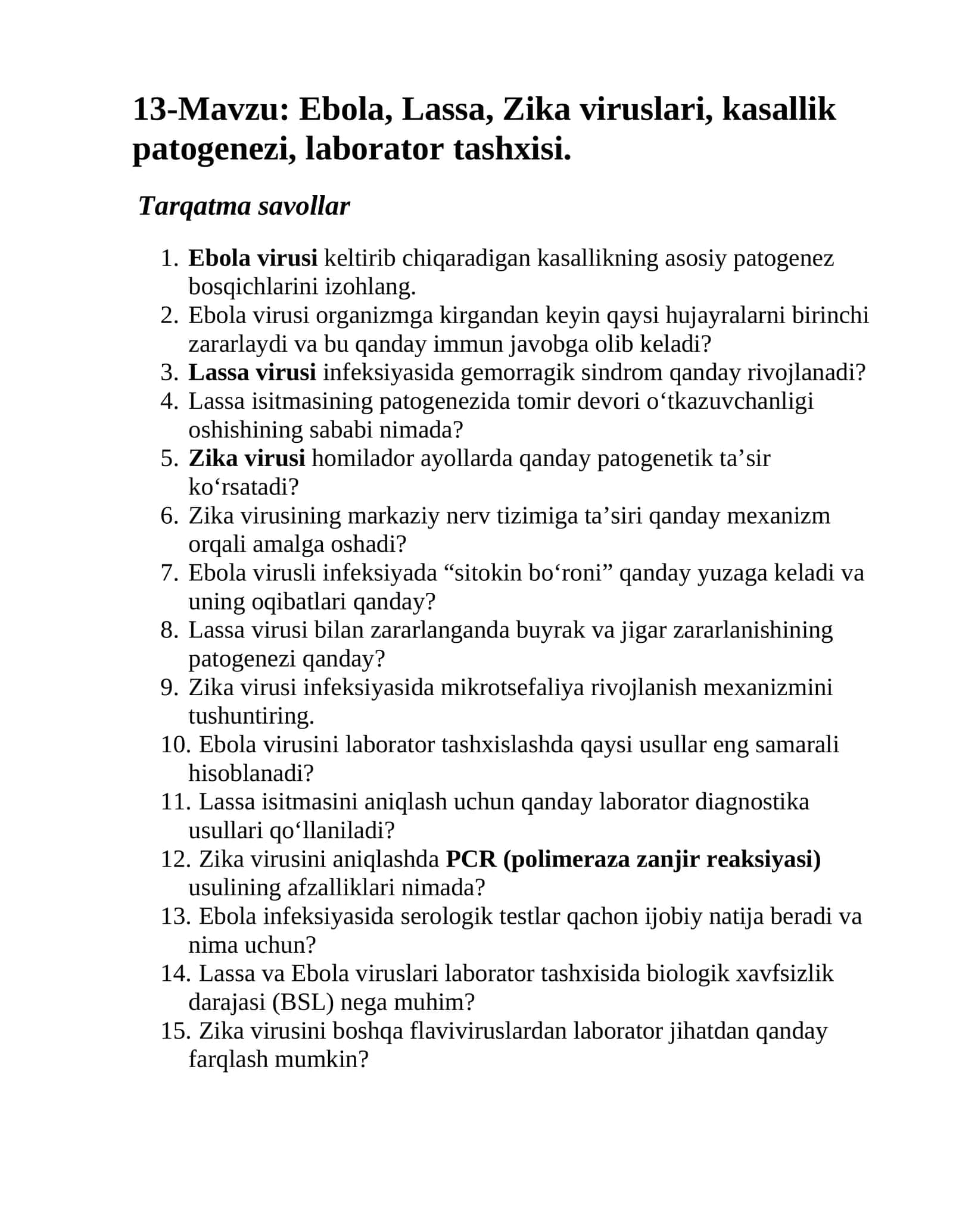 Ebola, Lassa, Zika viruslari, kasallik patogenezi, laborator tashxisi 1