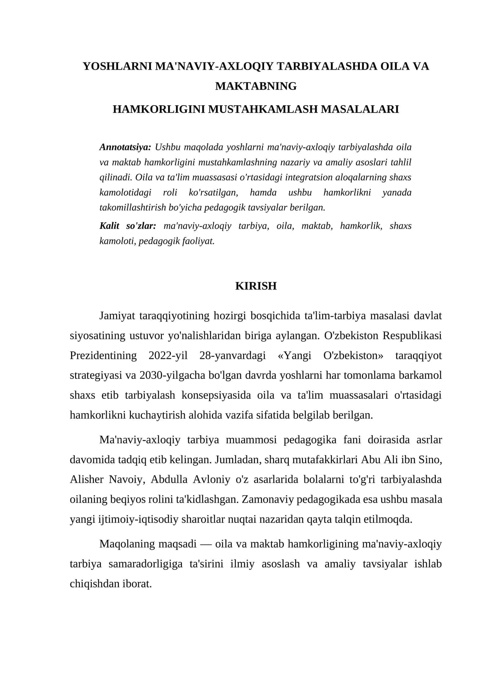 YOSHLARNI MA'NAVIY-AXLOQIY TARBIYALASHDA OILA VA MAKTABNING HAMKORLIGINI MUSTAHKAMLASH 1