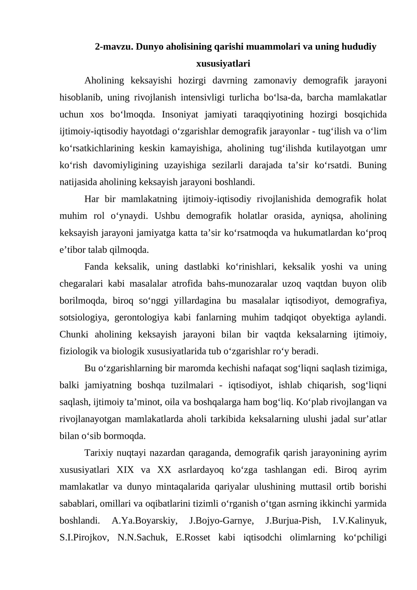 Dunyo aholisining qarishi muammolari va uning hududiy xususiyatlari 1