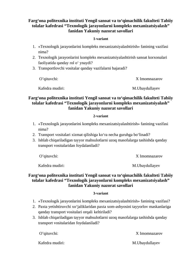 Tеxnologik jarayonlarni komplеks mеxanizatsiyalash 1