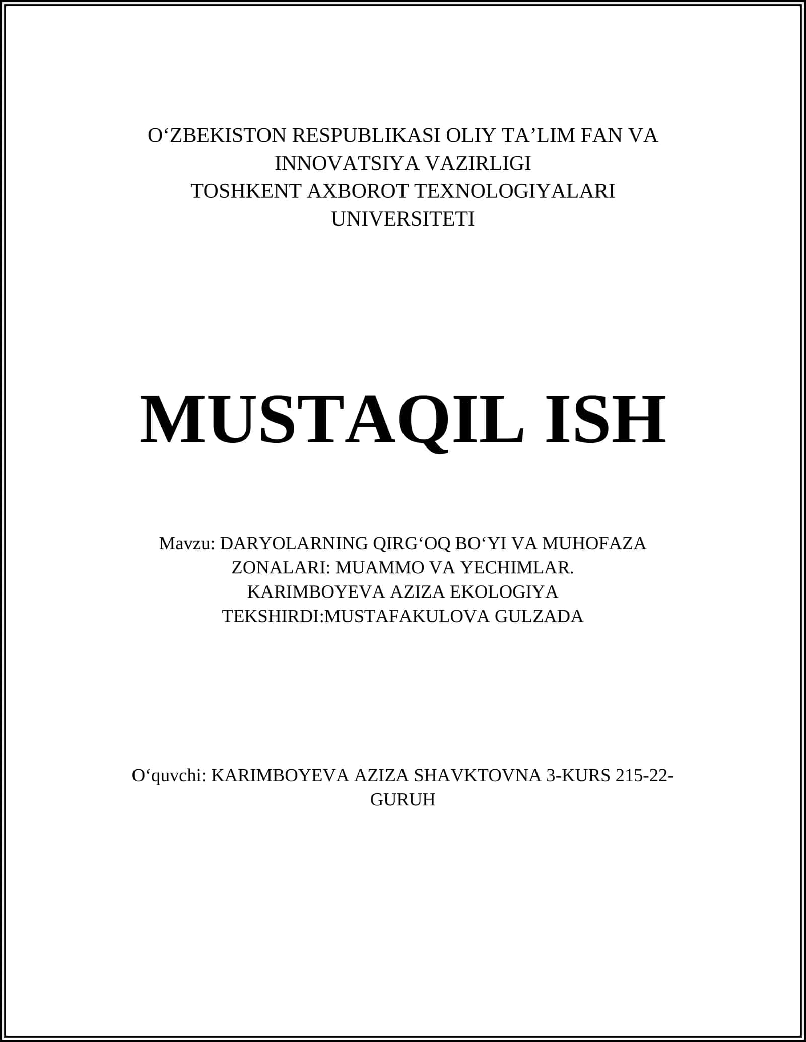 DARYOLARNING QIRG‘OQ BO‘YI VA MUHOFAZA ZONALARI: MUAMMO VA YECHIMLAR 1