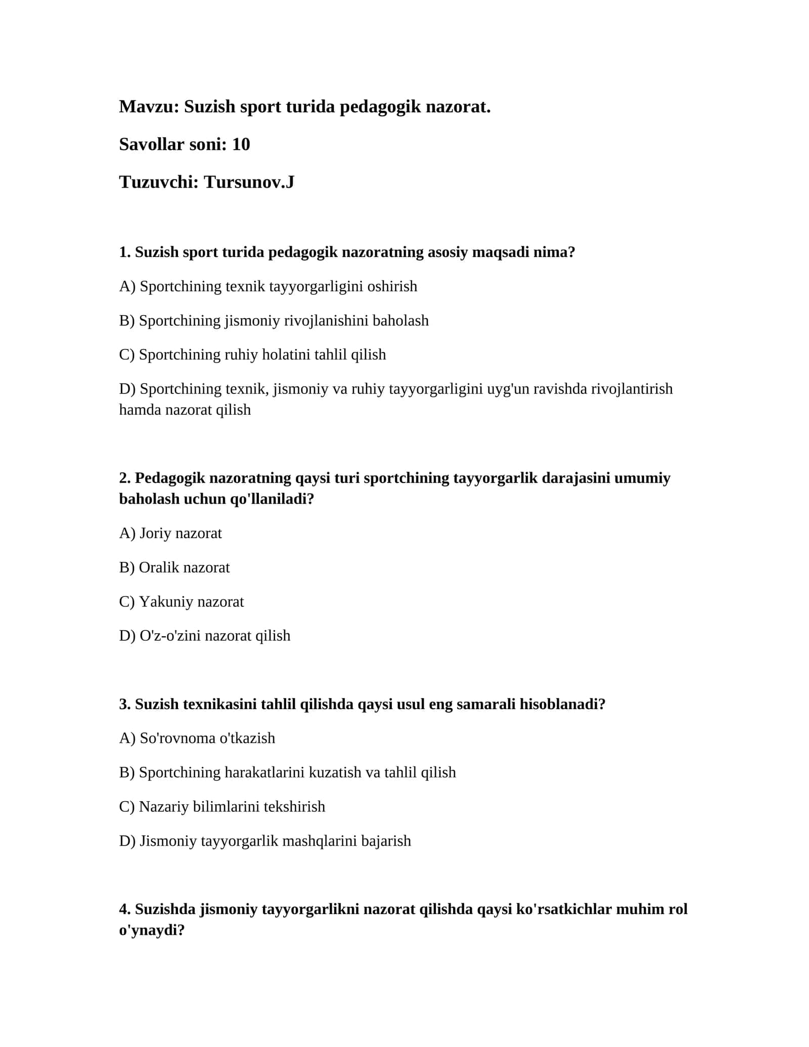 Suzish sport turida pedagogik nazorat 1