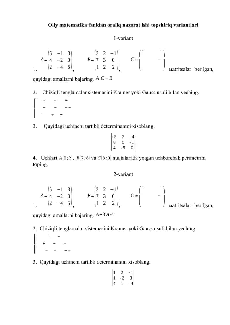 Oliy matematika fanidan oraliq nazorat ishi topshiriq variantlari 1