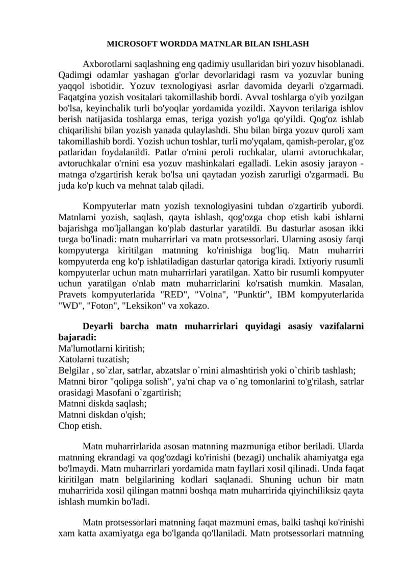 MICROSOFT WORDDA MATNLAR BILAN ISHLASH 1