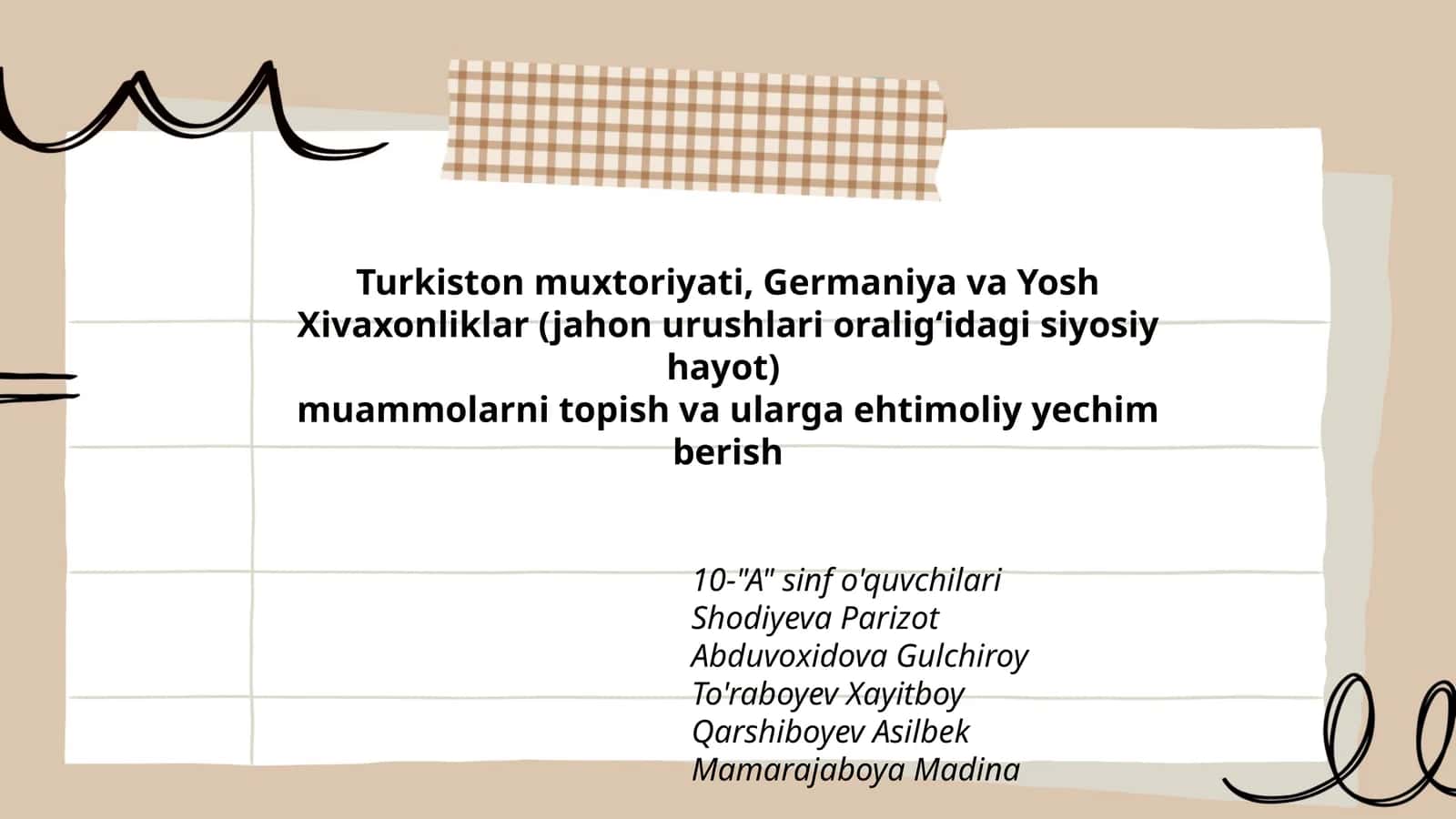 Turkiston muxtoriyati, Germaniya va Yosh Xivaxonliklar (jahon urushlari oralig‘idagi siyosiy hayot) muammolarni topish va ularga ehtimoliy yechim berish 1