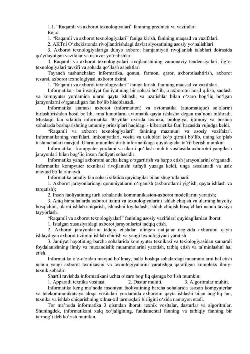 Raqamli va axborot texnologiyalari ma'ruza 1