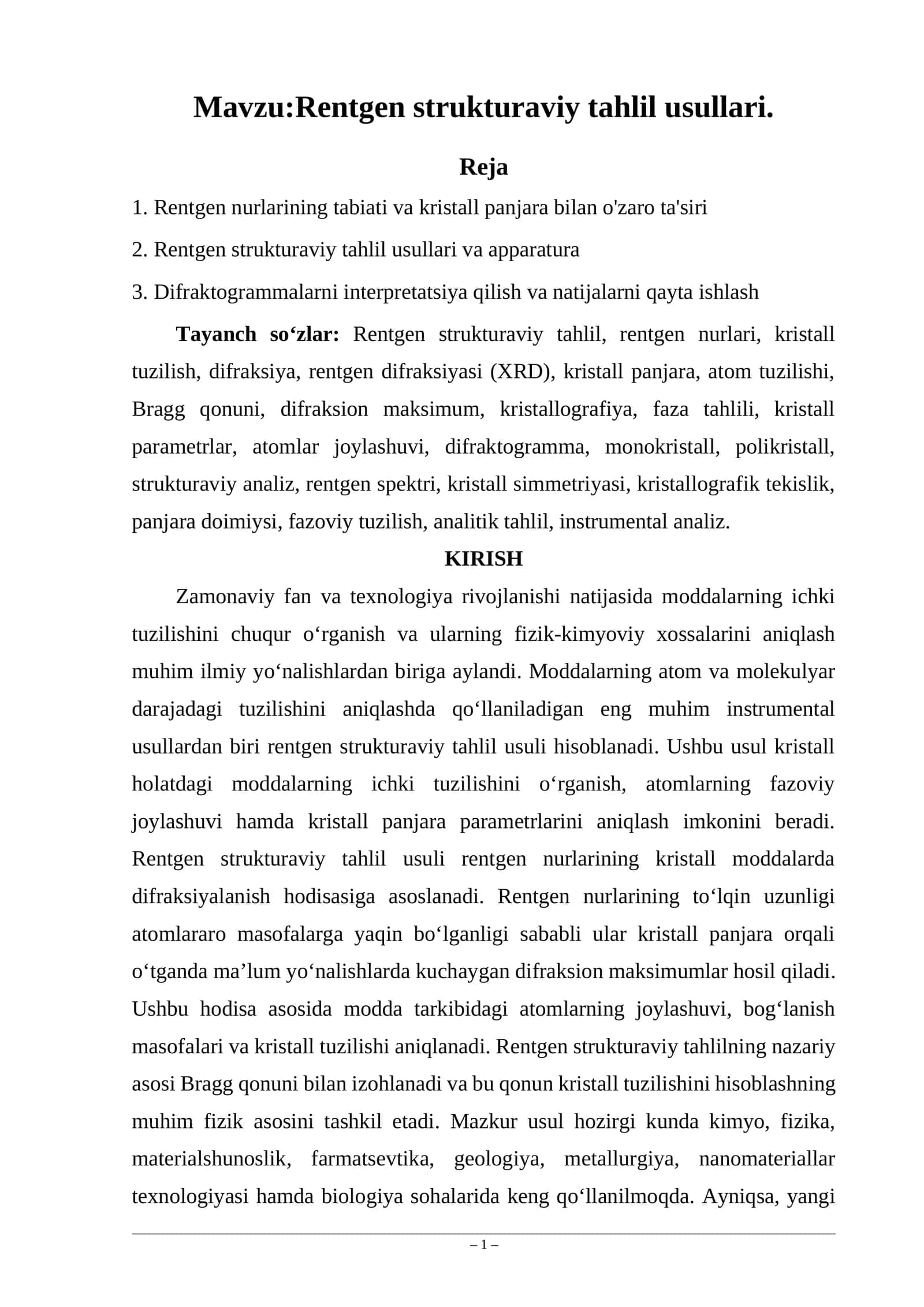 Rentgen strukturaviy tahlil usullari. 1