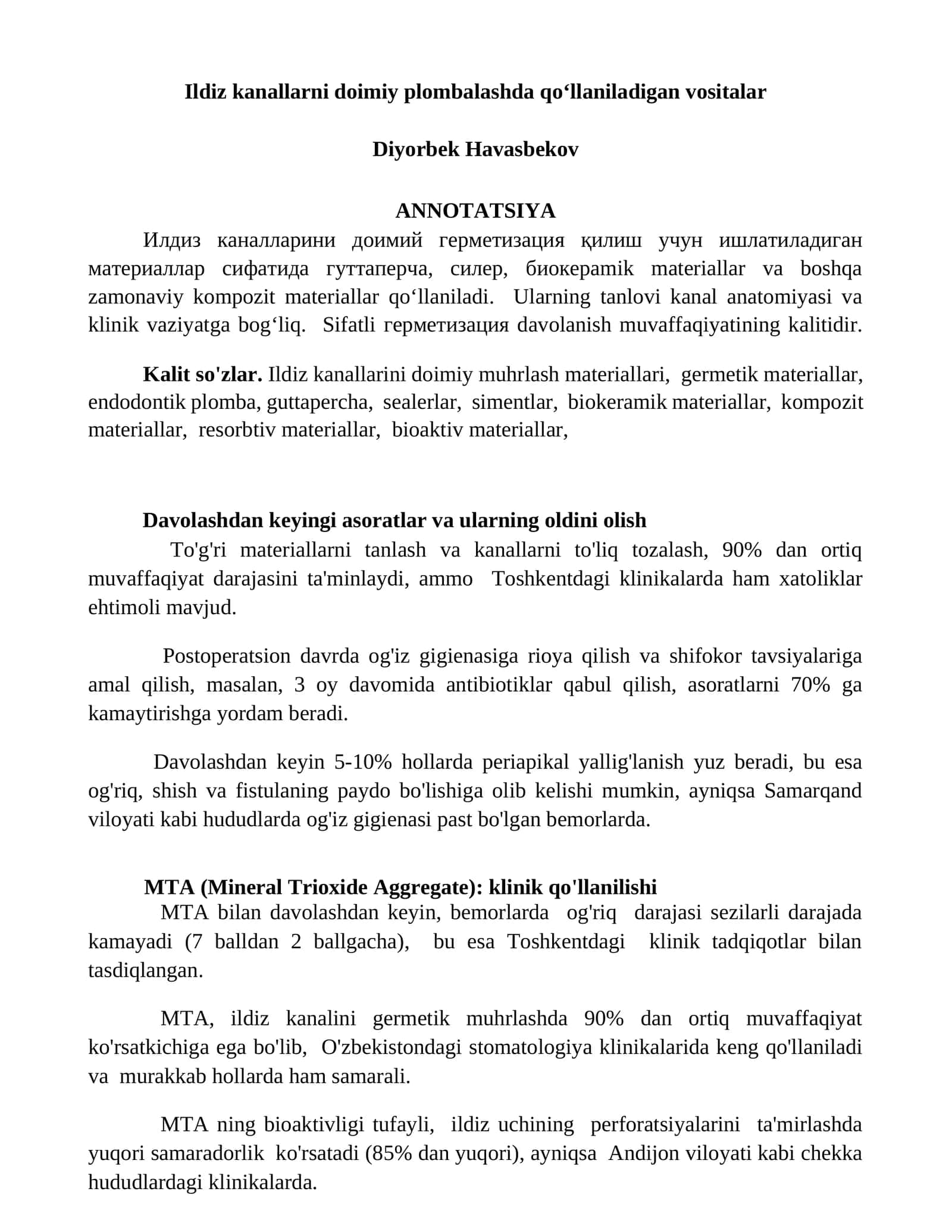 Ildiz kanallarni doimiy plombalashda qoʻllaniladigan vositalar 1