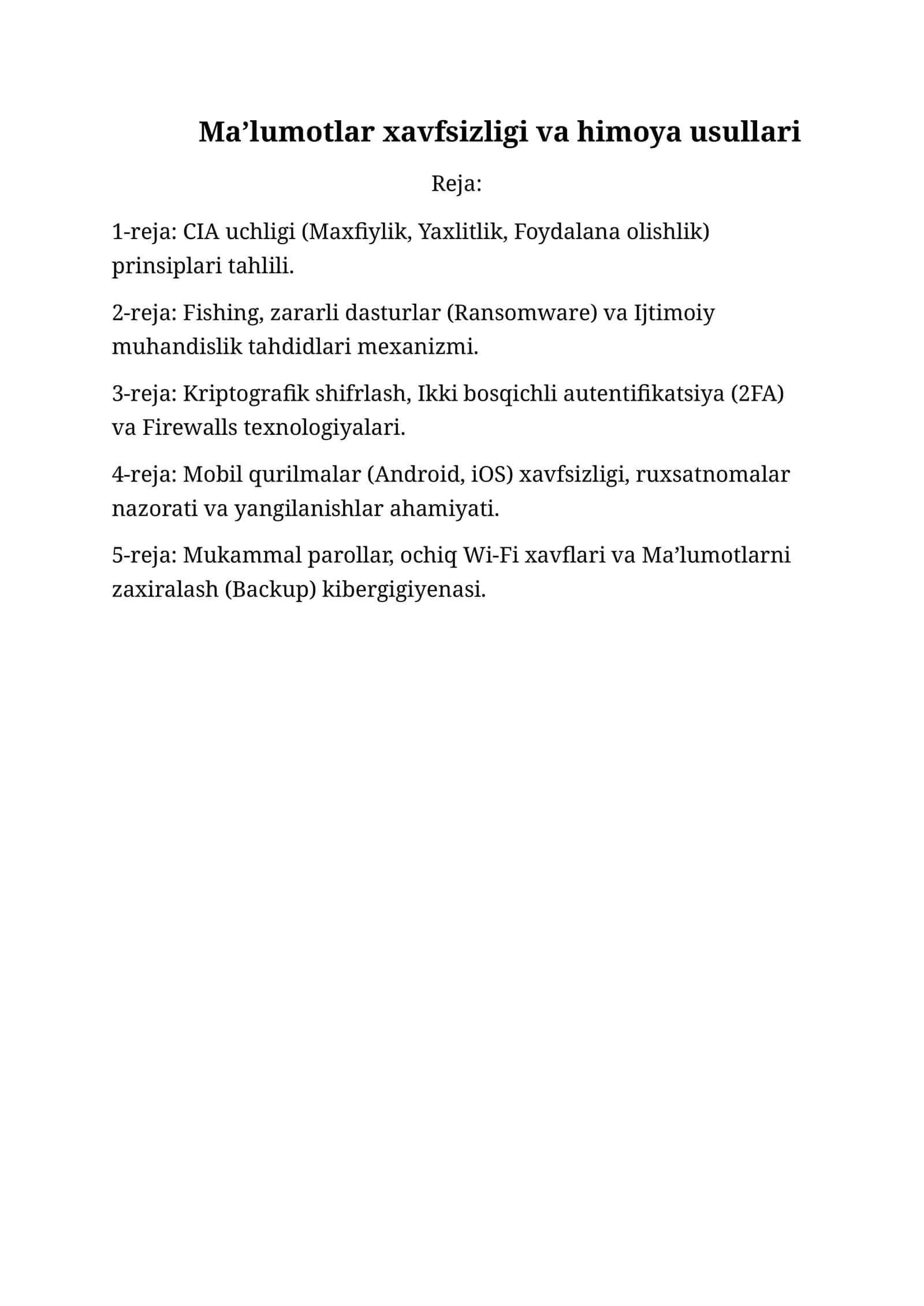 Maʼlumotlar xavfsizligi va himoya usullari 1