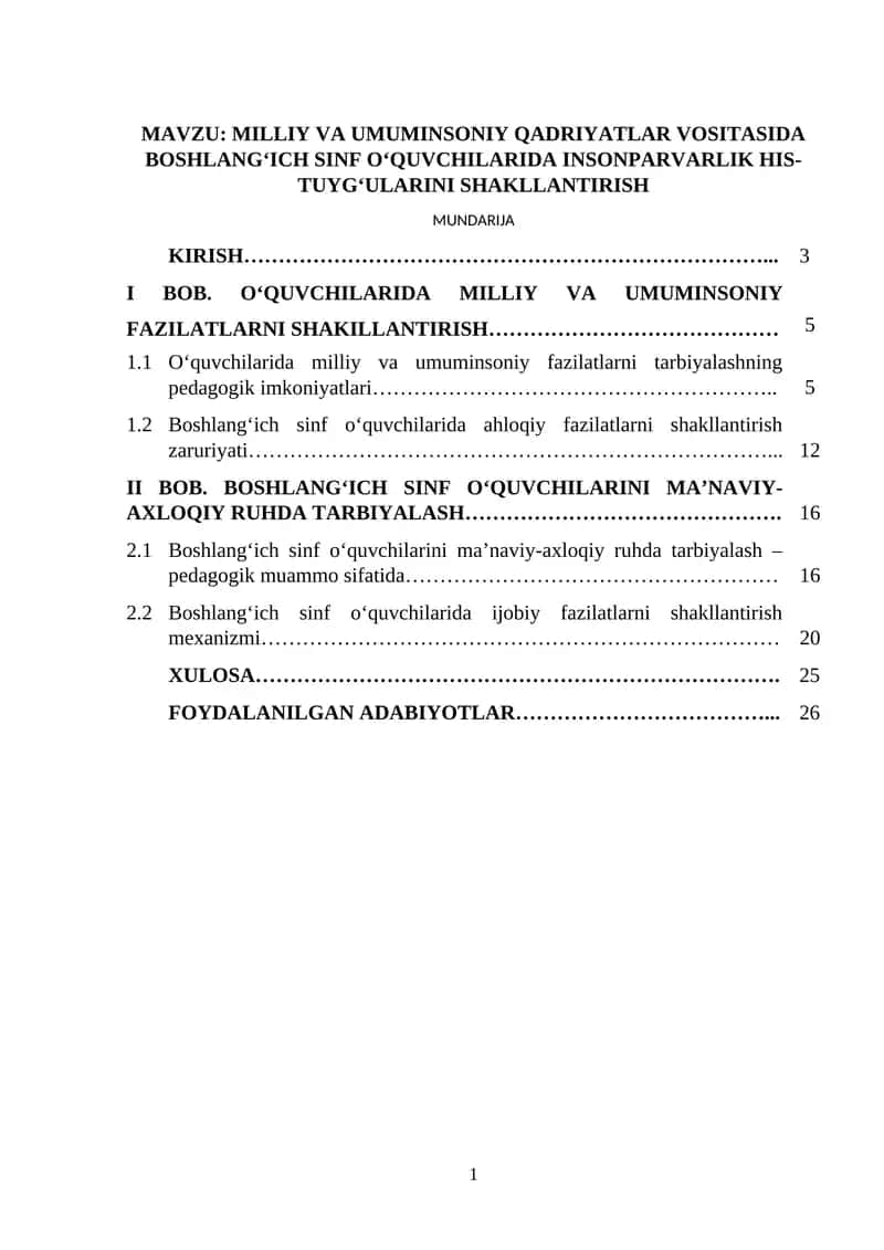 MILLIY VA UMUMINSONIY QADRIYATLAR VOSITASIDA BOSHLANG‘ICH SINF O‘QUVCHILARIDA INSONPARVARLIK HIS-TUYG‘ULARINI SHAKLLANTIRISH 1