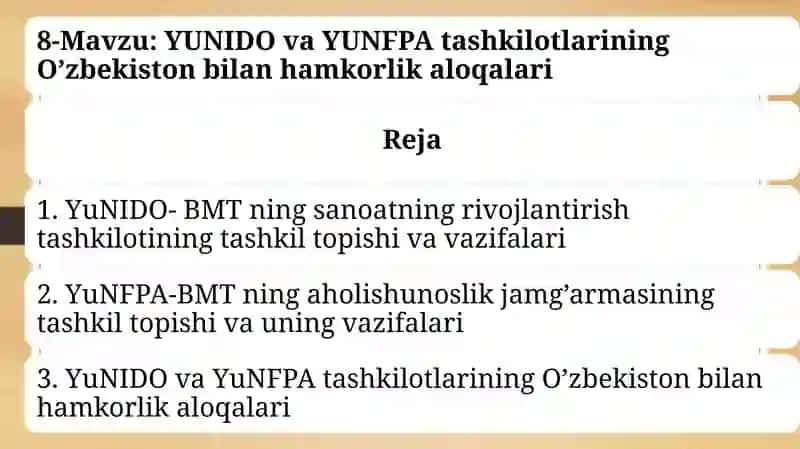 YuNIDO- BMT ning sanoatning rivojlantirish tashkilotining tashkil topishi va vazifalari