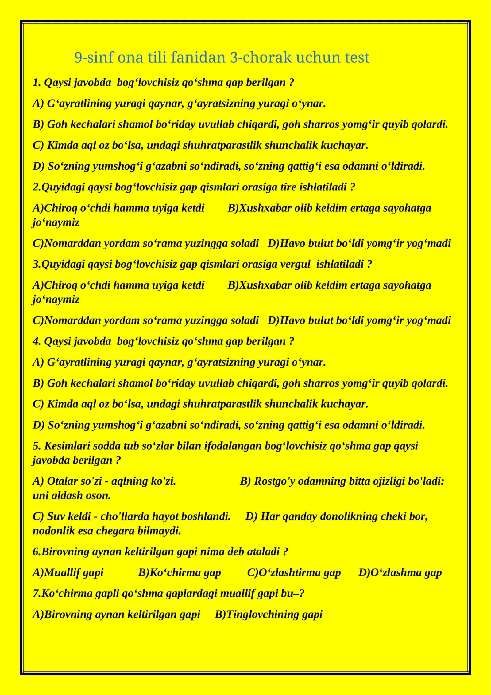 9-sinf ona tili fanidan 3-chorak uchun test 1