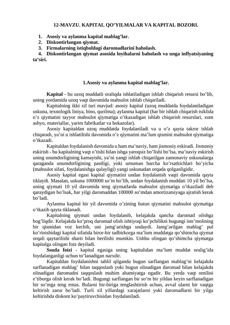 Kapital Qo’yilmalar va Kapital Bozori 1