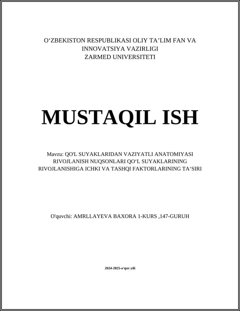 QO'L SUYAKLARIDAN VAZIYATLI ANATOMIYASI RIVOJLANISH NUQSONLARI 1