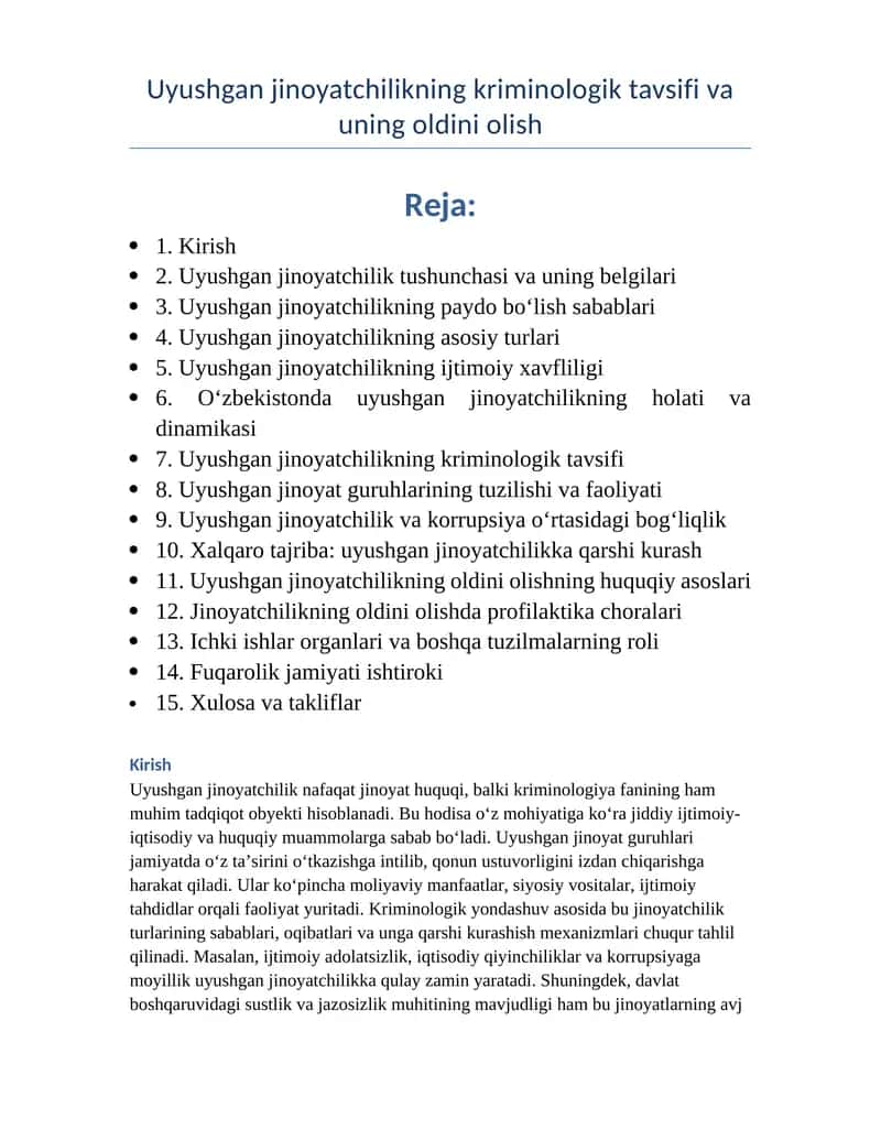 Uyushgan jinoyatchilikning kriminologik tavsifi va uning oldini olish 1