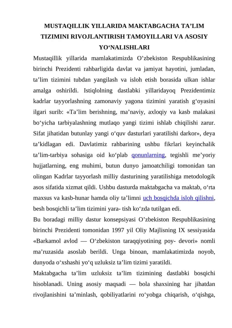 MAKTABGACHA TAʼLIM TIZIMINI RIVOJLANTIRISH TAMOYILLARI VA ASOSIY YOʻNALISHLARI 1