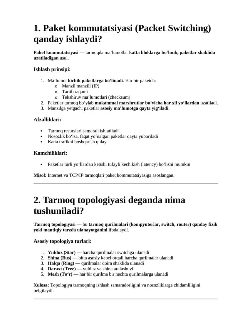 Paket kommutatsiyasi (Packet Switching) 1