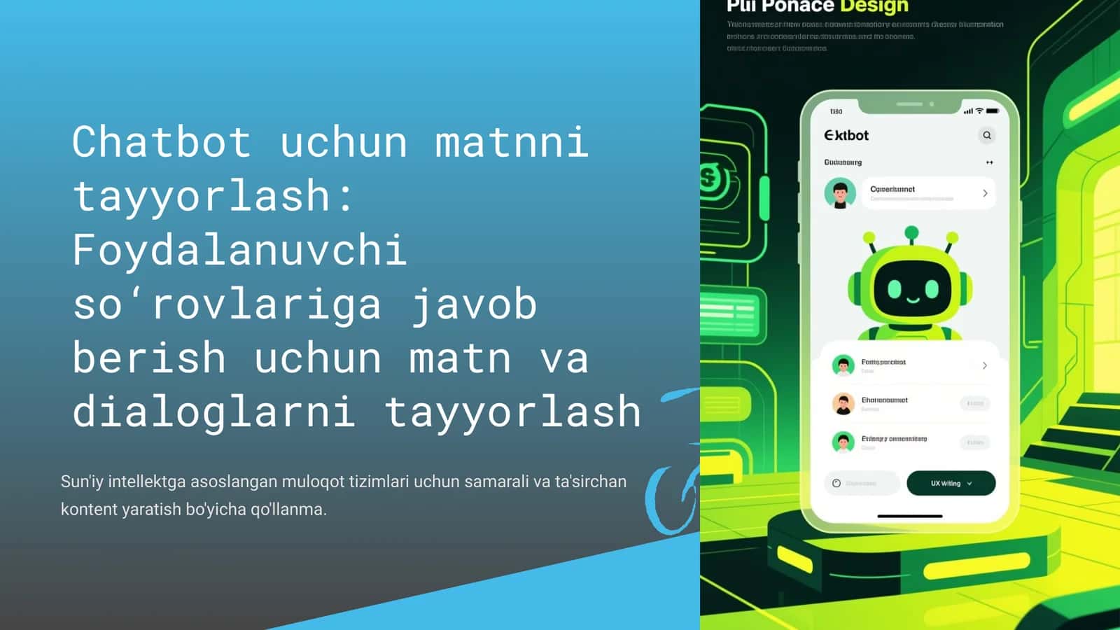 Chatbot uchun matnni tayyorlash: Foydalanuvchi so‘rovlariga javob berish uchun matn va dialoglarni tayyorlash 1