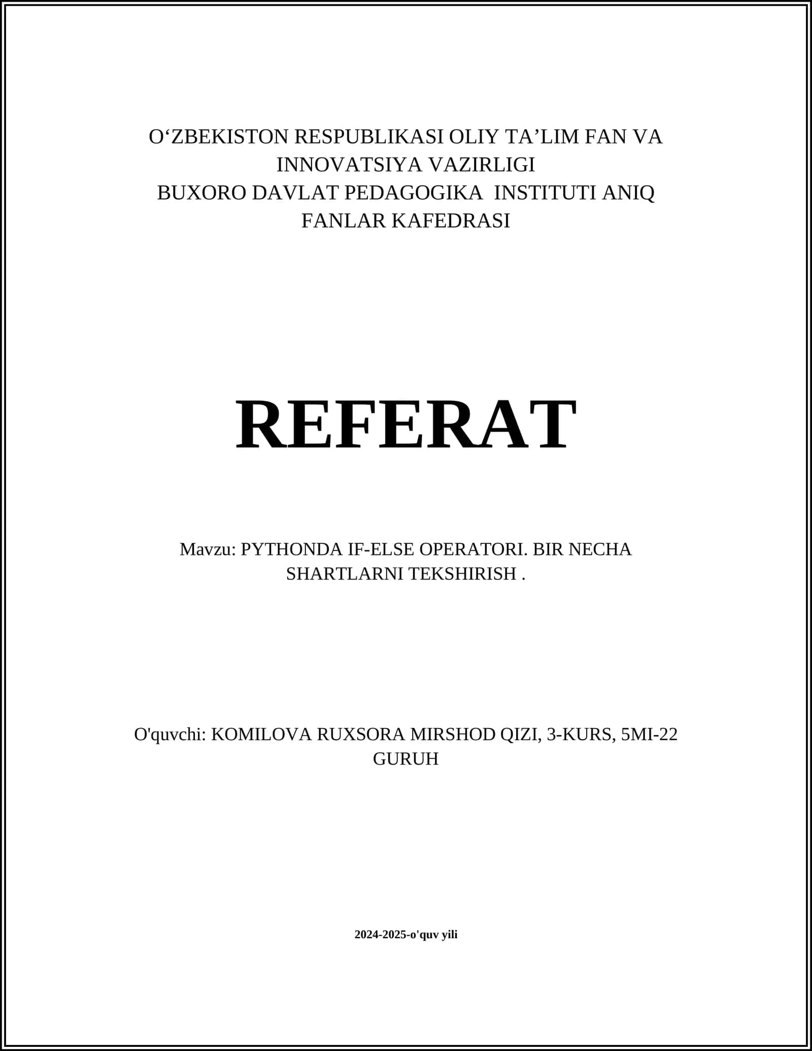 PYTHONDA IF-ELSE OPERATORI. BIR NECHA SHARTLARNI TEKSHIRISH 1
