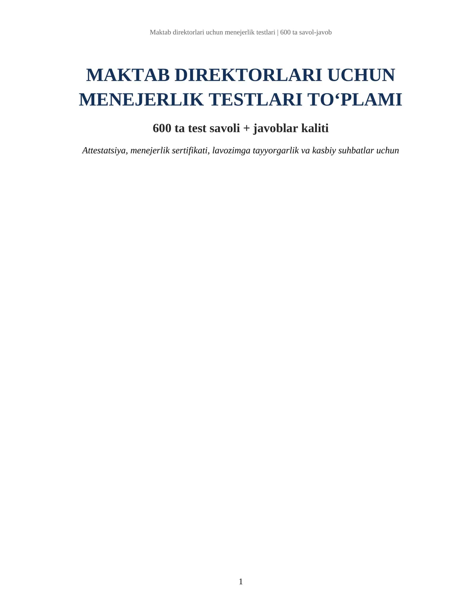 Maktab direktorlari uchun menejerlik sertifikati testlari | 600 ta savol-javob va javoblar kaliti 1