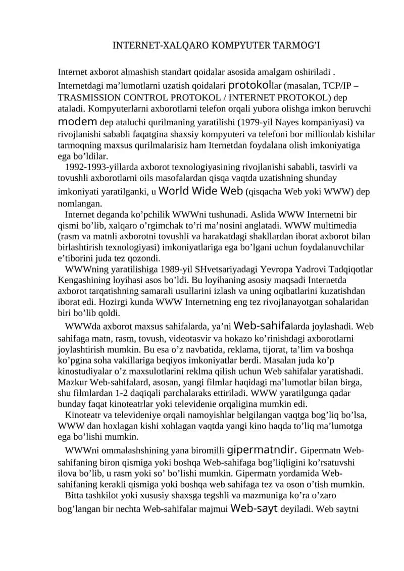 INTERNET-XALQARO KOMPYUTER TARMOG’I 1