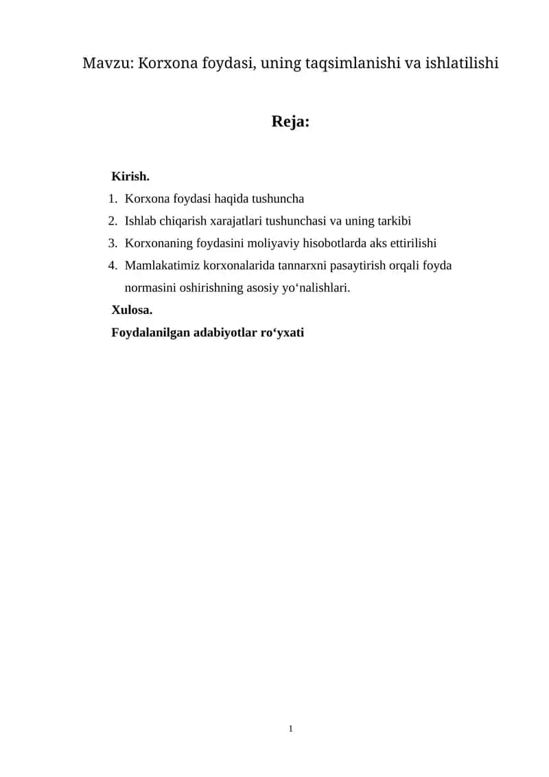 Korxona foydasi, uning taqsimlanishi va ishlatilishi 1