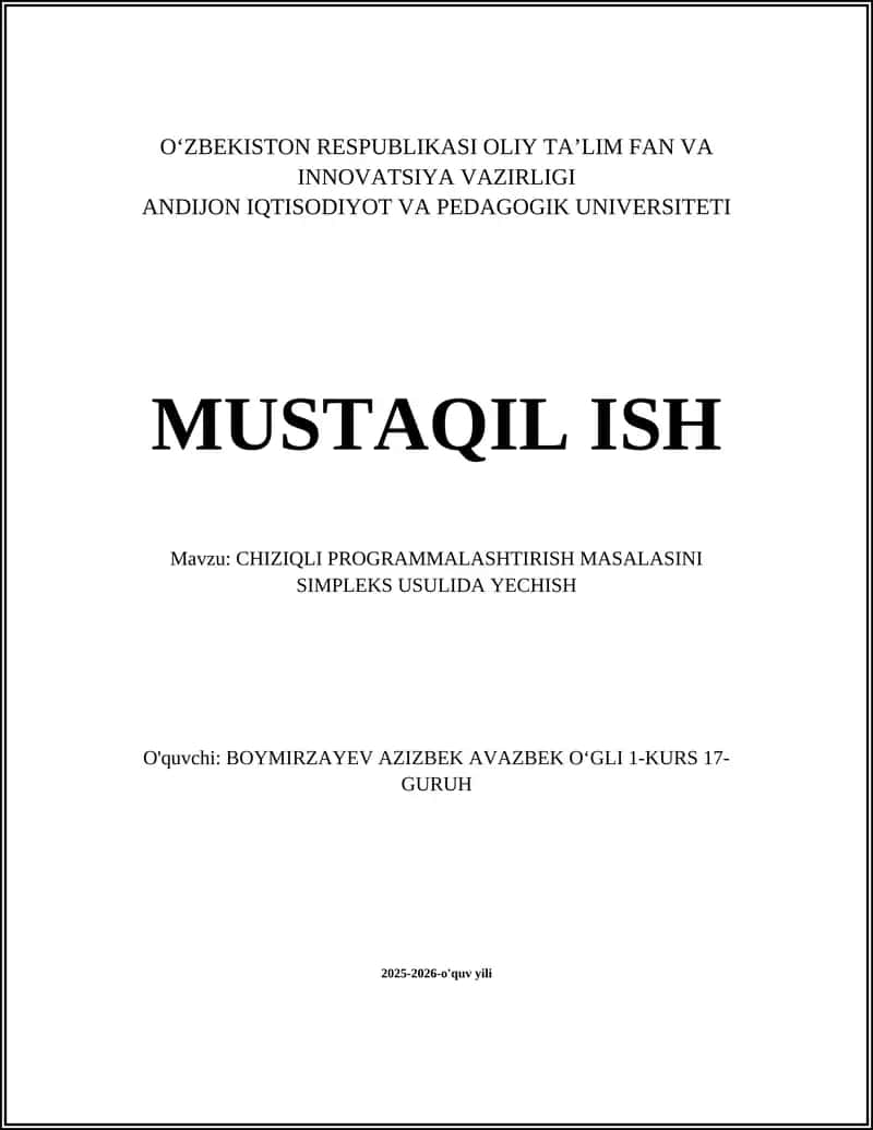 CHIZIQLI PROGRAMMALASHTIRISH MASALASINI SIMPLEKS USULIDA YECHISH 1