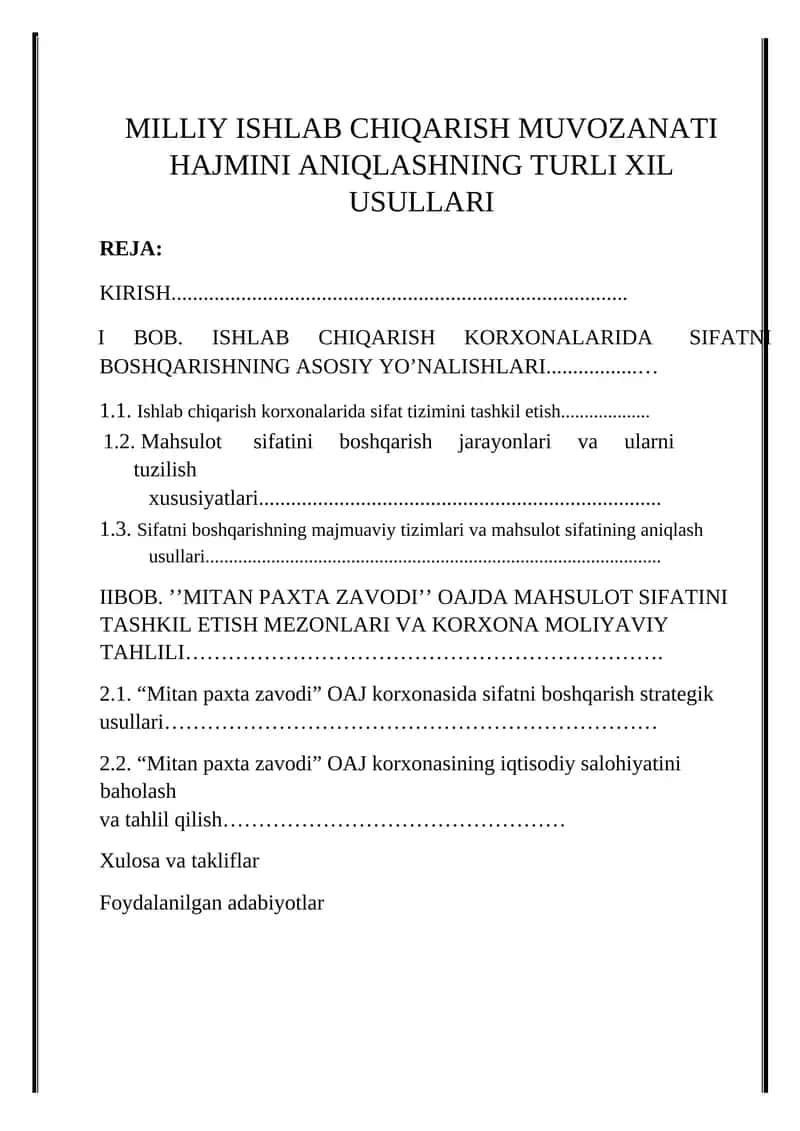 MITAN PAXTA ZAVODI OAJ MAHSULOT SIFATINI TASHKIL ETISH MEZONLARI 1