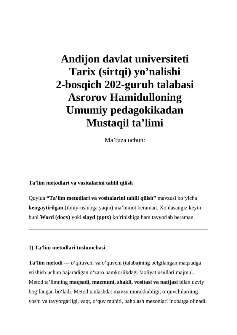 Ta'lim metodlari va vositalarini tahlil qilish 1