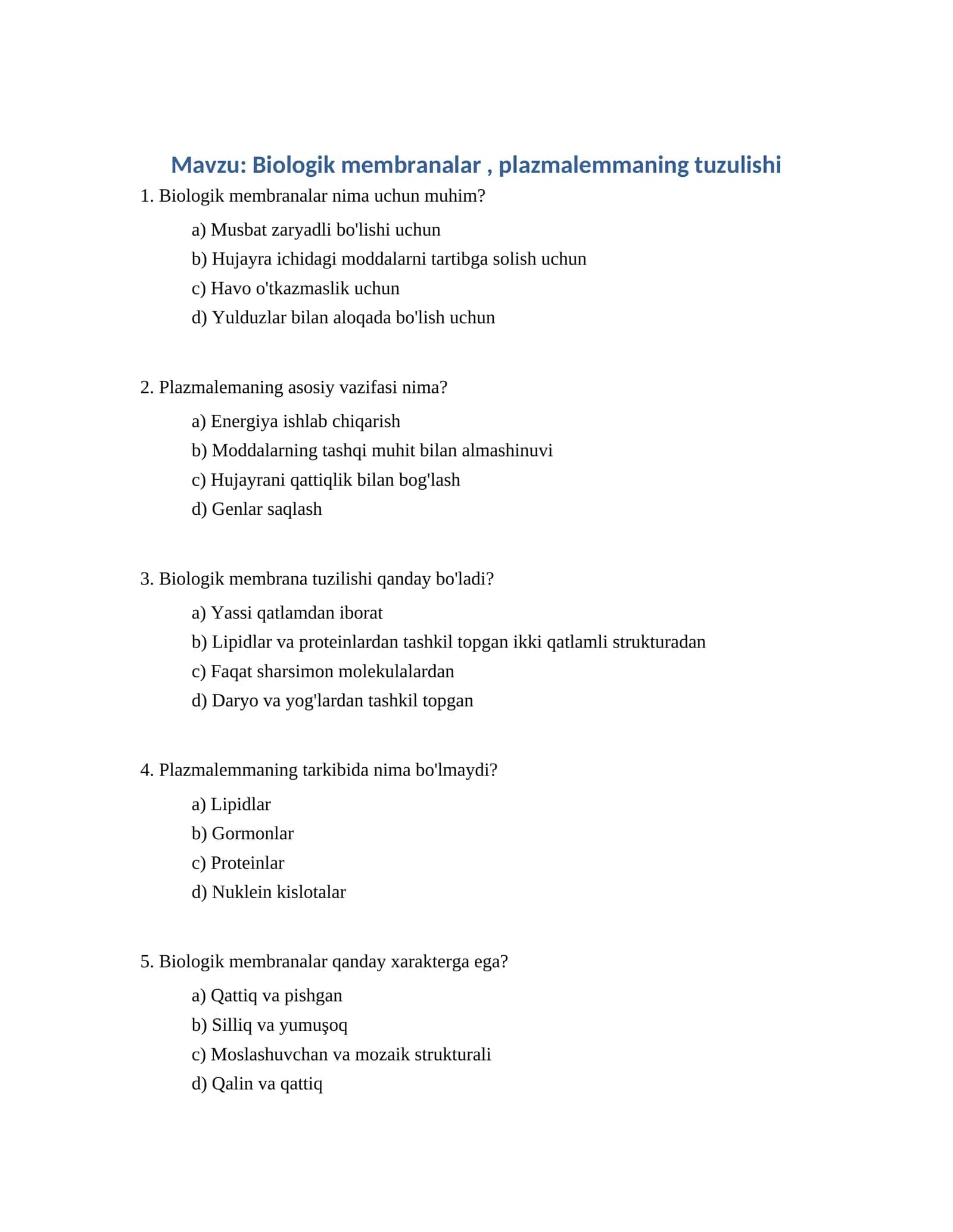 Biologik membranalar, plazmalemmaning tuzulishi 1